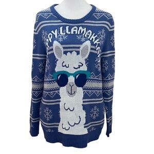 Mighty Fine Blue Happy Llamakkah Sweater. Size L. Cute fun design.